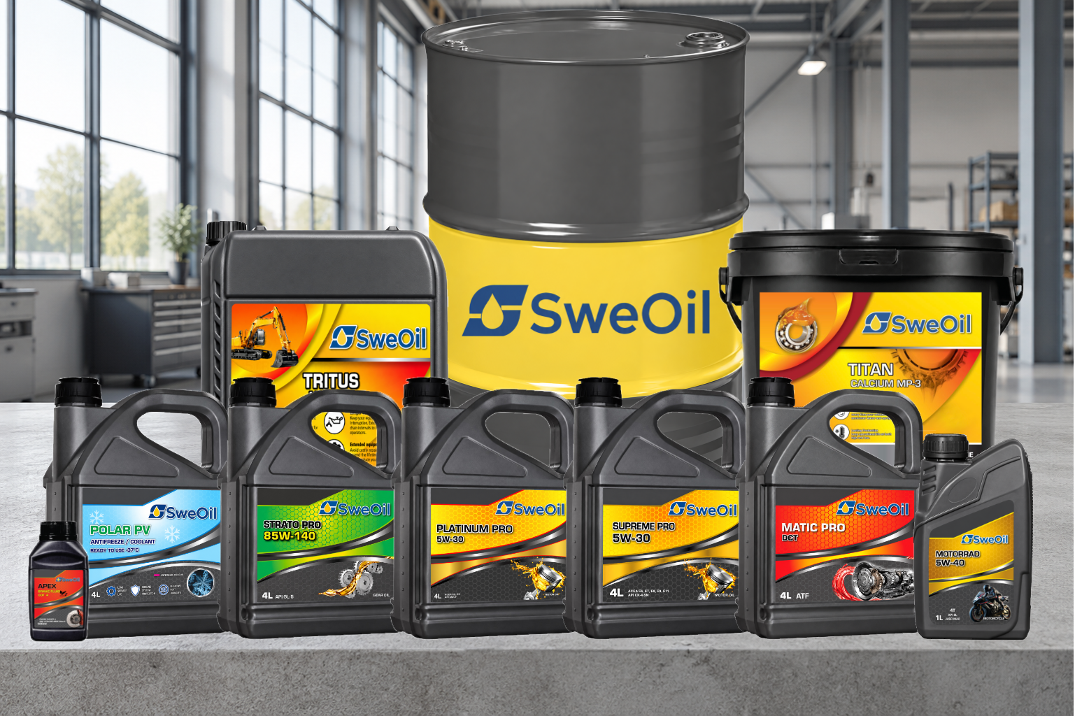 SweOil lubricant range, including engine oils, transmission fluids, hydraulic oil, coolant, brake fluid and grease